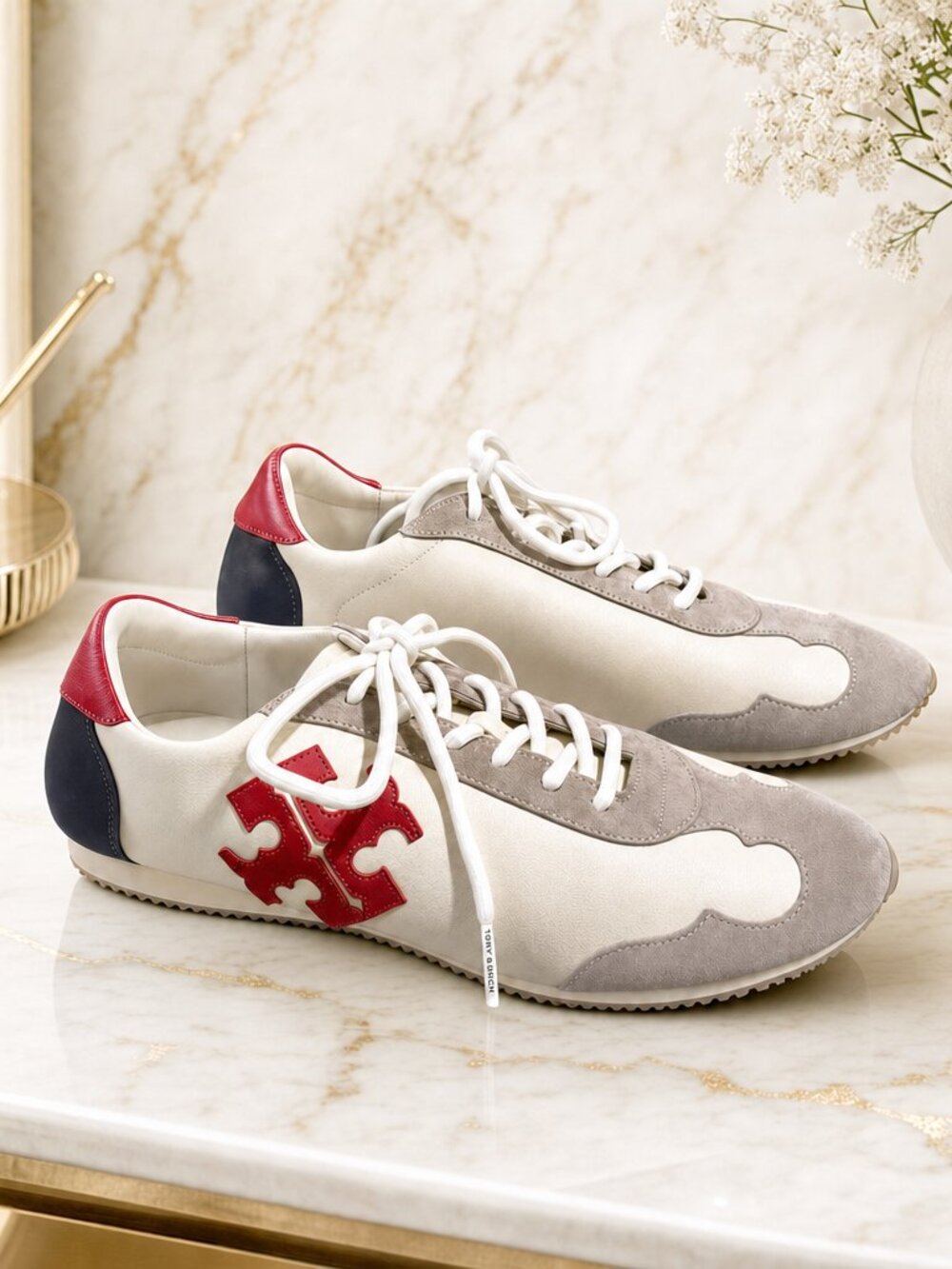 Tory Burch Retro Runner with Beige Suede & Navy Leather and Red Accents 8.5